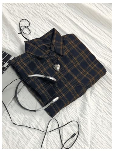 SweatyRocks Women's Vintage Button Down Long Sleeve Flannel Plaid Collared Shirt Shacket Blouse4