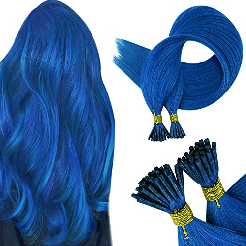 RUNATURE I Tip Hair Extensions Blue Human Hair 20 Inch Pre Bonded Cold Fusion Hair Extensions 1g Per Strand 25 Strands Blue Brazilian I Tip Real Hair Extensions
