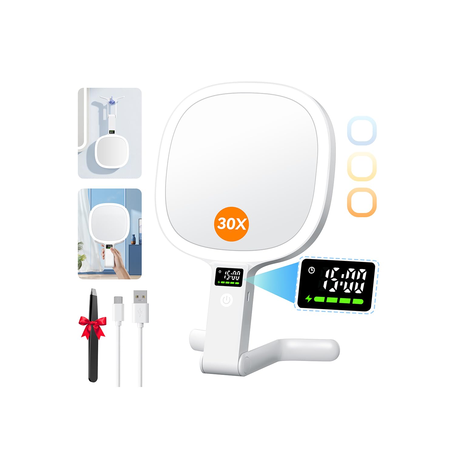 Auxmir Smart Magnifying Mirror with Light, Double Sided 30X/1X, LED Display Screen Makeup Mirror, 2500mAh Rechargeable, 3 Light Colors, Dimmable Handheld Tabletop Hanging for Travel Offices Bedroom โ image 1
