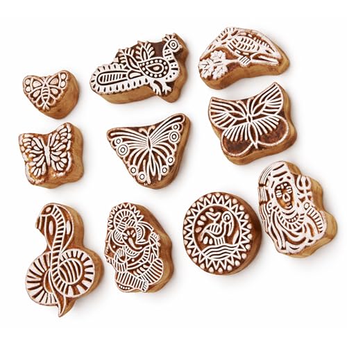 Image of Set of 10 | Wooden Stamps Multi Shapes & Design Blocks for Scrapbooking | Handmade Baren for Project Designing | Fabric Textile | Clay | Pottery Craft