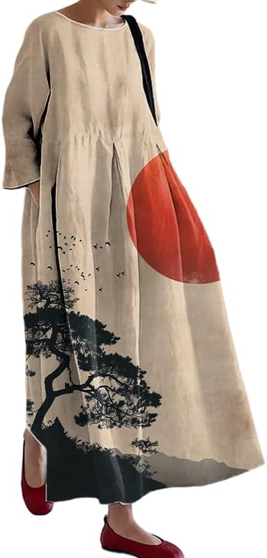 Womens Plus Size Dress Casual Chinese Art Painting Japanese Style Crew Neck Trendy Summer Dress