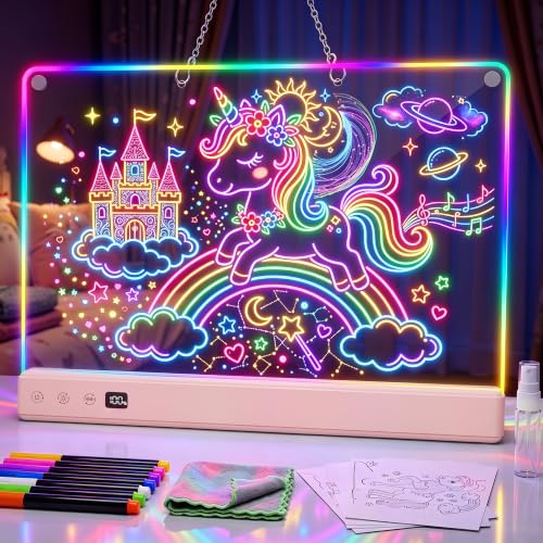 16" Rechargeable LED Drawing Board for Kids with 16-Color Light Effects Birthday Christmas Gift for Girls, Boys, Portable Doodle Neon Glow Pad, Sound-Activated, Brightness Adjustable, Timer, Pink - image 1