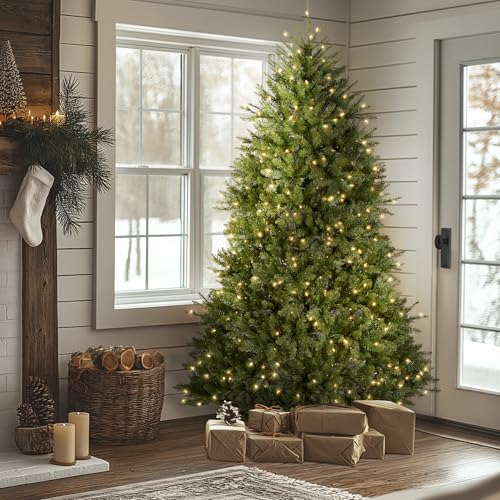Image of National Tree Company 7 ft Pre-Lit Dunhill Fir Full Artificial Christmas Tree, 700 Warm White LED Lights, 2,144 Tips, Includes Stand, Green