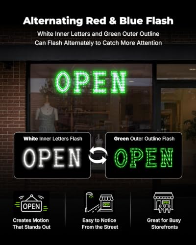 Image of 32 x 10 Inch LED Open Sign for Business - Timer via BT APP & Remote Control, Ultra Bright Open Sign with 14 Flash Modes, 6 Dimming Levels & 6 Speed Control for Salon Cafe Restaurant (Green & white)
