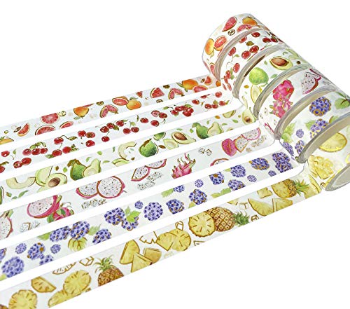 lovielf Summer Fruit Grapefruit Pineapple Pitaya Grape Avocado Cherry Orange Purple Yellow Green Red Gold Foiled Washi Tape Set | Set of 6 Rolls | Length : 5 m(5.46 Yards) | for Arts and Crafts