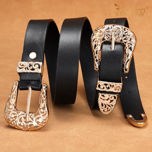 Image of JASGOOD Double Buckle Western Belts for Woman Cowgirl Country Belt Vintage Black Leather Belt for Jeans Pants Dresses