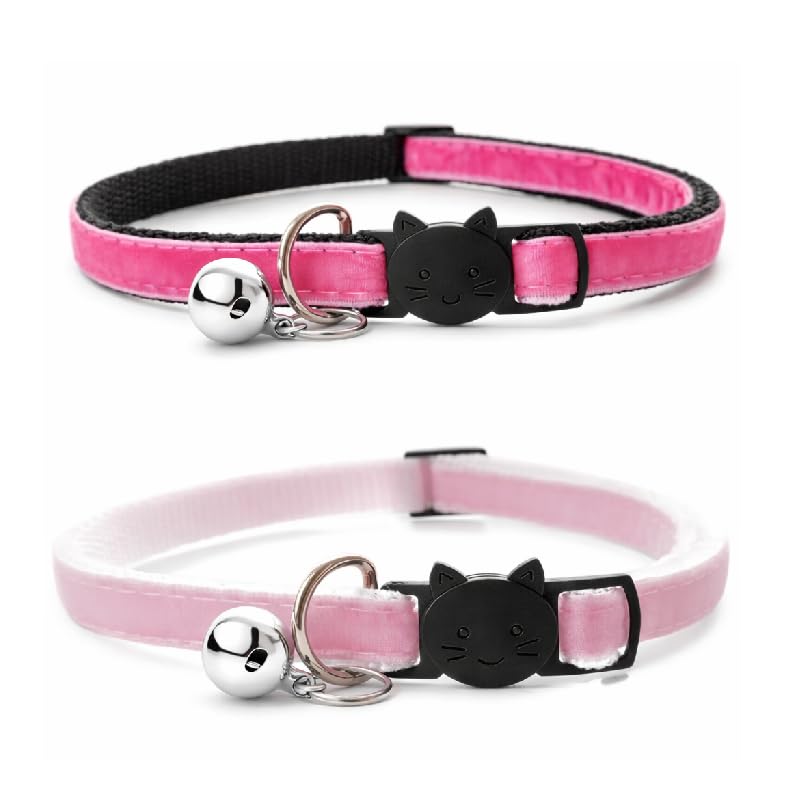Velvet Cat Collars with Bell. Safe Quick Release Breakaway Buckle | Zacal Cat Collars (Rose Pink & Baby Pink, Pack of 2)