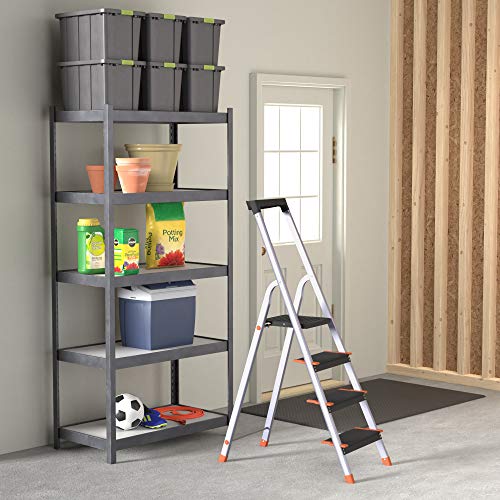 AmazonBasics Folding Step Ladder - 4-Step, Aluminum with Wide Pedal, Silver and Black