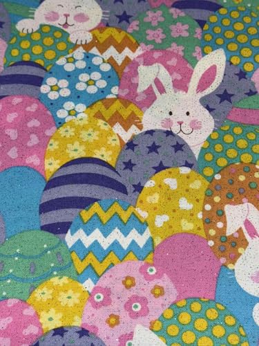 Easter Bunny & Egg Cotton Fabric 1 Yard Precut 100% Cotton Easter Novelty Fabric with Glitter Print for Quilting & Crafts