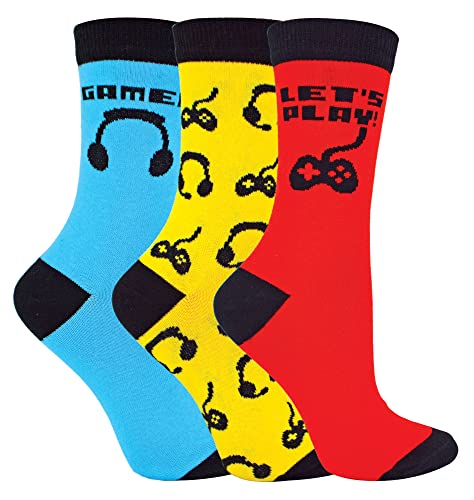 Sock Snob 3 Paires Enfants Chaussettes Jeu Video Fantasie Mignon Chaussettes Humour pour Garçons et Filles (27-30, Rouge / bleu / jaune) Cover