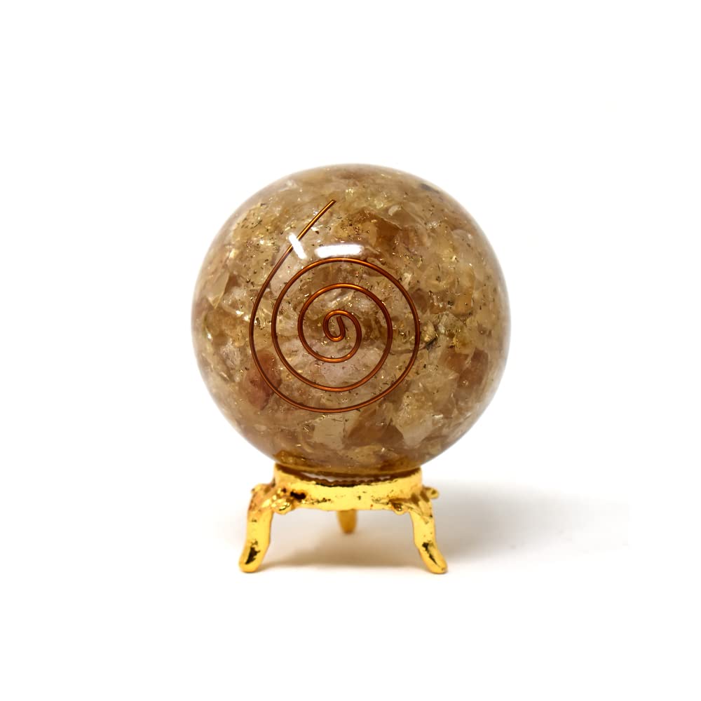 Citrine Orgonite Energy Sphere Ball with Holder - Natural Carved 50-60 mm Crystal Meditation Balls for Witchcraft and Decorative Aura Healing Quartz Ball