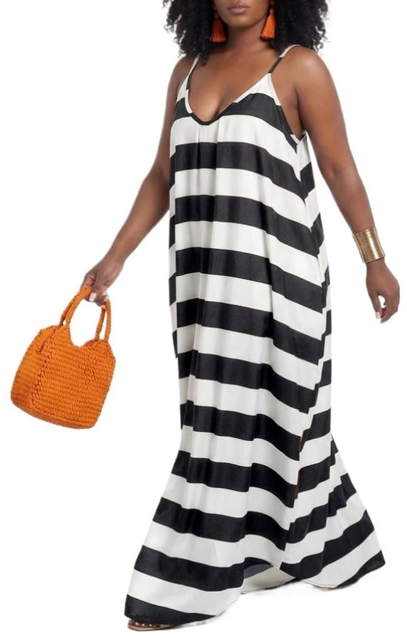 Image of Women's Casual Summer Maxi Dresses Sleeveless Adjustable Spaghetti Strap Loose Plus Size Dresses