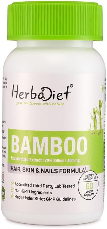 Herbadiet Cápsulas de extracto de bambú  Apoya la piel, el cabello y las uñas saludables  Suplemento natural para el cabello con 70% de sílice (120