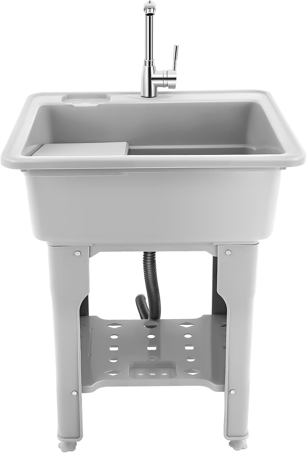 Home Laundry & Utility Sinks, Plastic Freestanding Washing Room Laundry Tub Sink with Washboard Faucet Drain Kit for Washing Room Basement Garage Garden Laundry Room (25.6D x 21.65W x 31.5H Grey)