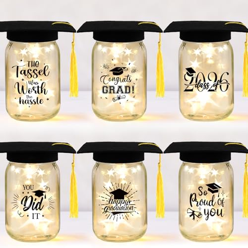 CUPLOOV 6 Sets 2026 Graduation Centerpieces for Tables Mason Jar Centerpieces with Graduation Caps Money Jars for College High School Congrats Grad Party Decor Supplies