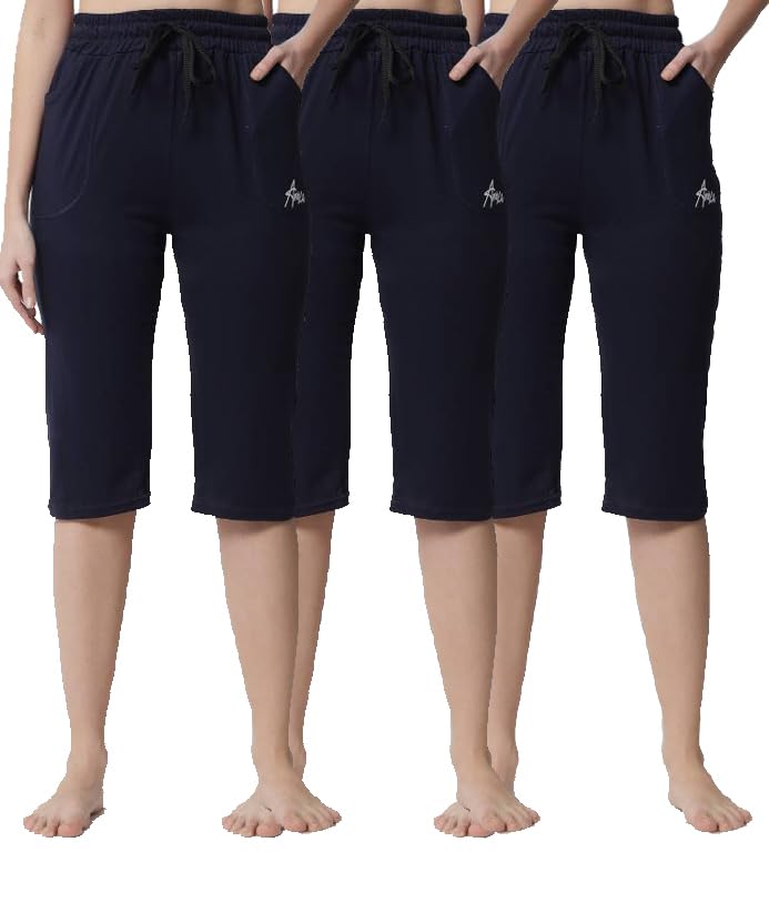 Image of Women's Cotton Capri Pants, Drawstring Waist, Knee Length, Pack of 3
