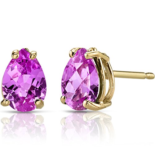 Peora Solid 14K Yellow Gold Created Pink Sapphire Earrings for Women, Classic Solitaire Studs, 7x5mm Pear Shape, 1.75 Carats total, Friction Back, September Birthstone Earrings, Fine Gold Jewelry