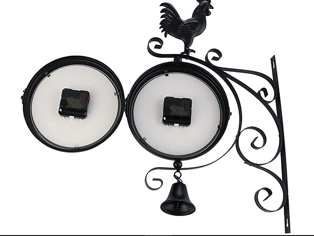 Horloge Murale D'Extérieur, Horloge Murale Décorative Rétro Double Face avec Cloche De Coq, Horloge Silencieuse en Fer Forgé pour Salon, Piscine, Terrasse, W