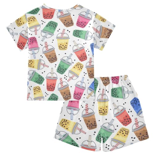Pajama Short Sets Cartoon Pearls Boba Tea Soft Cotton Summer Sleepwear 2 Piece PJS Size 5-14T2