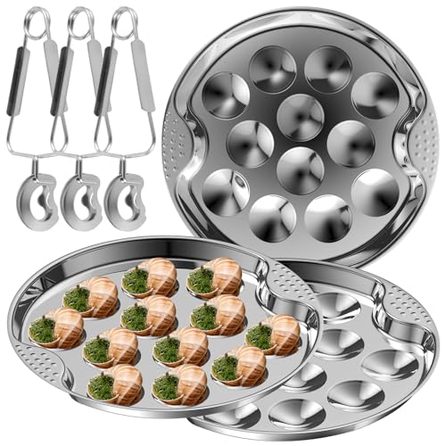 YLMFTNU 3 Pack Stainless Steel Escargot Plates, 12 Compartments Snail Dish Set with 3 Escargot Tong, 7.5 Inch Escargot Baking Dish, Seafood Snail Dish, Snail Baking Dish for Home Kitchen