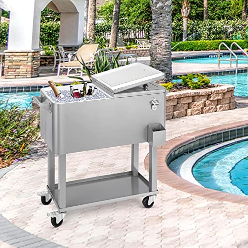 Edostory 80 Quart Rolling Silver Ice Chest Cooler Cart,Patio Backyard Party Drink Beverage Bar Stand Up Cooler Trolley With Ice Scoop #TOP1