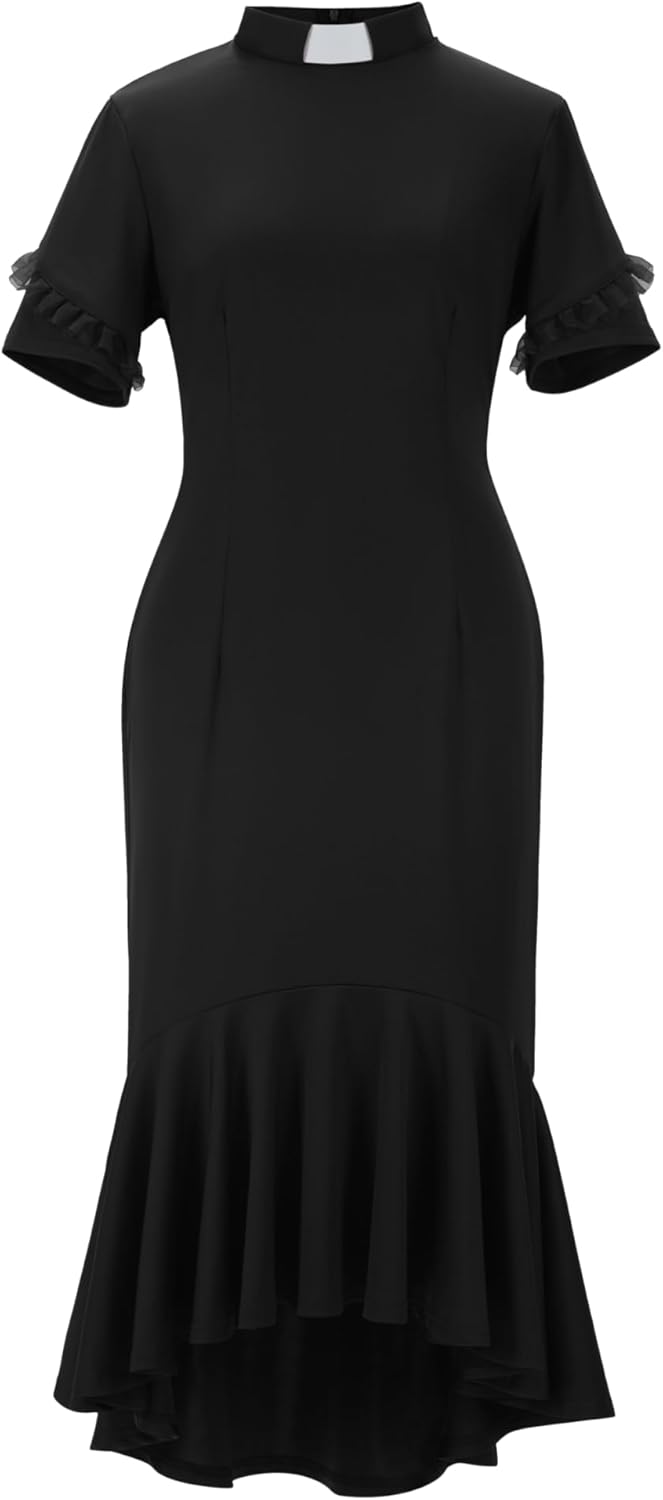 Women's Short Sleeve Church Dress Clergy Tab Insert Collar Fishtail Priestess Dress