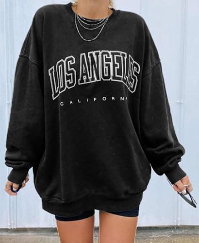 Miniatura 4 de Langwyqu - Sudadera de gran tamaño para mujer, de Los Ángeles, California, cuello redondo, de manga larga, casual, suelta, para mujer