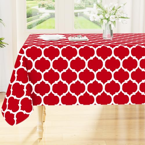 Image of Smiry Rectangle Table Cloth, Flannel Backed Vinyl Tablecloth, 52 inchx70 inch | Waterproof Plastic Tablecloths, Wipeable Table Cover for Dining, Indoor and Outdoor (Red)