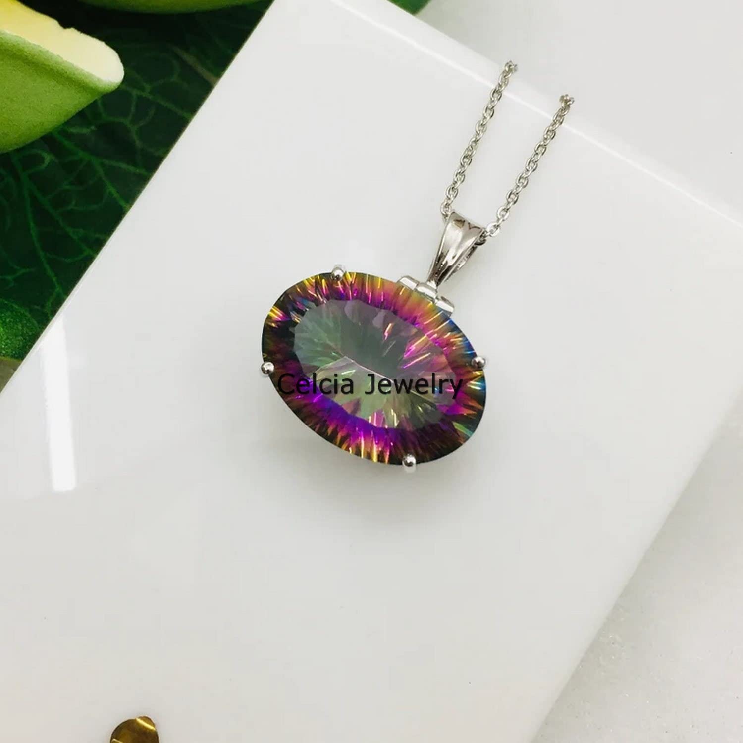 Collar de plata de ley 925 auténtica para mujer, collar hecho a mano único con piedras preciosas ovaladas facetadas de topacio místico genuino para ella