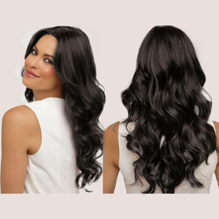 TSHAOUN Long Curly Wigs Black 28 Inch/70cm Charming Women Long Wave Curly Oblique Bangs Wig, Ladies Girls Fancy Dress Hair Wigs, Women's Full Hair Natural Wavy Wig for Daily Cosplay Wear (Black) - Image 4