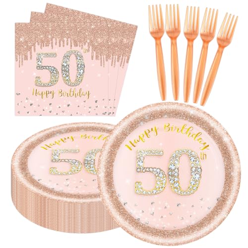 60 PCS 50th Birthday Decorations for Women 50th Birthday Plates and Napkins Rose Gold Disposable Tableware Set Party Supplies for Women Cheers to 50 Years Anniversary (50TH)