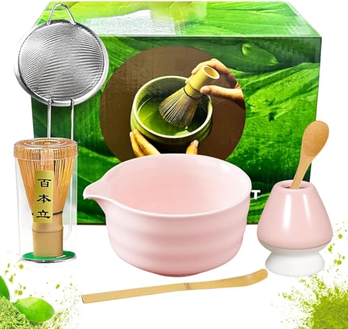 Simsky Matcha Set, Japanese Tea Set, Matcha Bowl, Shovel, Strainer, Matcha Broom Holder, Matcha Broom Stand, Matcha Tea Set (Pink)