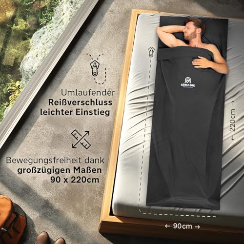 Armadic Hüttenschlafsack aus 100% Bio-Baumwolle mit Reißverschluss (nur 380g) - Ultra leicht, klein und dünn. Reiseschlafsack, Schlafsack Inlett I Ideal für Backpacking, Hostels und Berghütten (Grau)