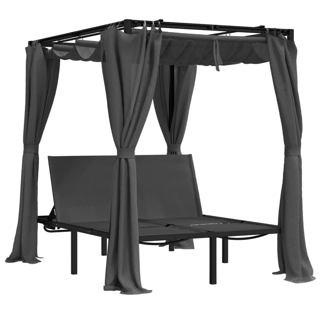 Lit de bain double avec rideaux latéraux et auvent supérieur anthracite, dossier réglable pour détente dans le jardin, piscine patio, cadre stable en acier peint