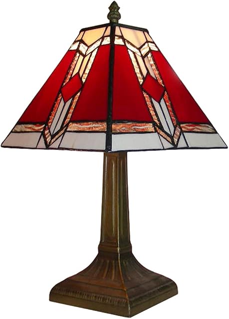 MiniSun Tiffany Style Bronze Base and Red and White Stained Glass Designer Aztec Table Lamp