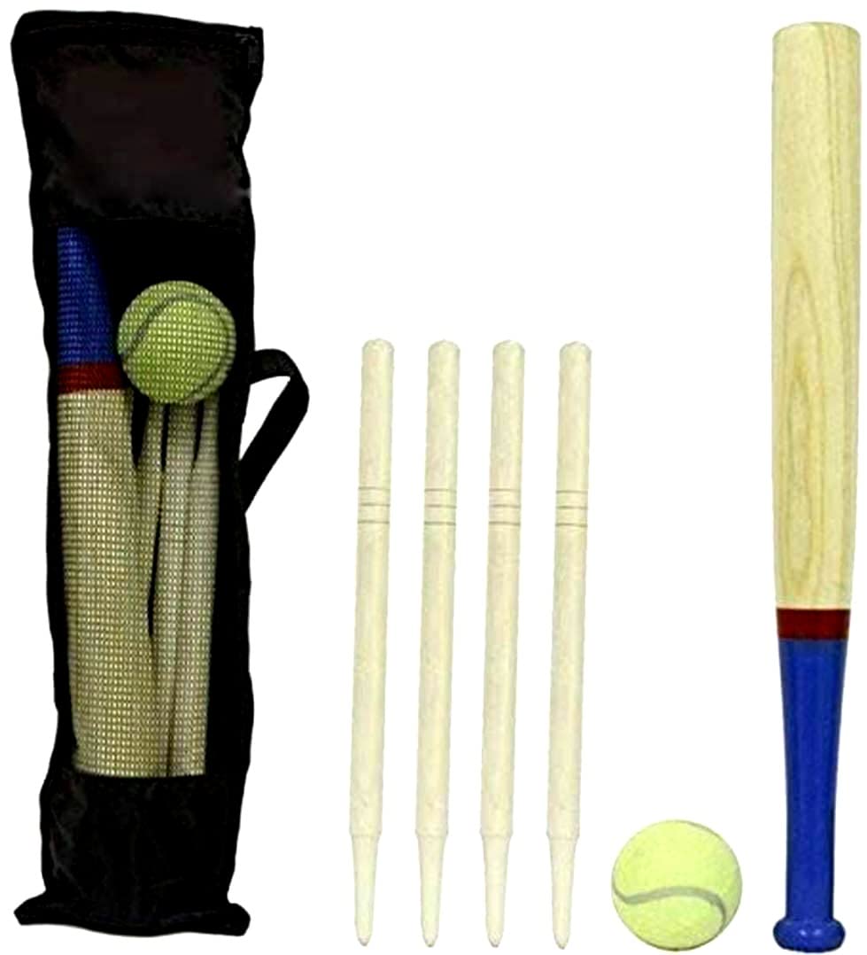 Aggloz | 6 Piece Wooden Rounders Set & Carry Bag - Baseball Bat & Soft Tennis Ball Garden Fun Play Set | UK (Rounders Set)