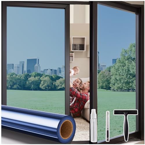 Image of Coavas One Way Privacy Window Film with 3 Tools, Reflective Window Tint for Home, Daytime Privacy See Out Not in, Heat Control & UV Blocking Adhesive Covering for Bedroom Office,35.4 x 78.7Inch,Blue