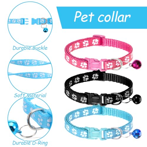 3 Stück Hundehalsband und Leine Set, Verstellbares Hundehalsband, Welpenhalsbänder mit Leine Set, Pfotenabdruck, Schnellverschluss, Haustier Halsband für Hunde, Katzen (Rosa, Schwarz, Blau
