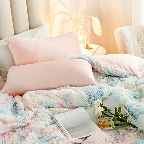 Choshome Plush Shaggy Duvet Cover Set King Size, Tie Dye Fluffy Faux Fur Comforter Cover Set, Fuzzy Flannel Bedding Set, 3 Pieces (1 Furry Duvet Cover + 2 Pillow Shams), Zipper Closure, Rainbow #TOP5