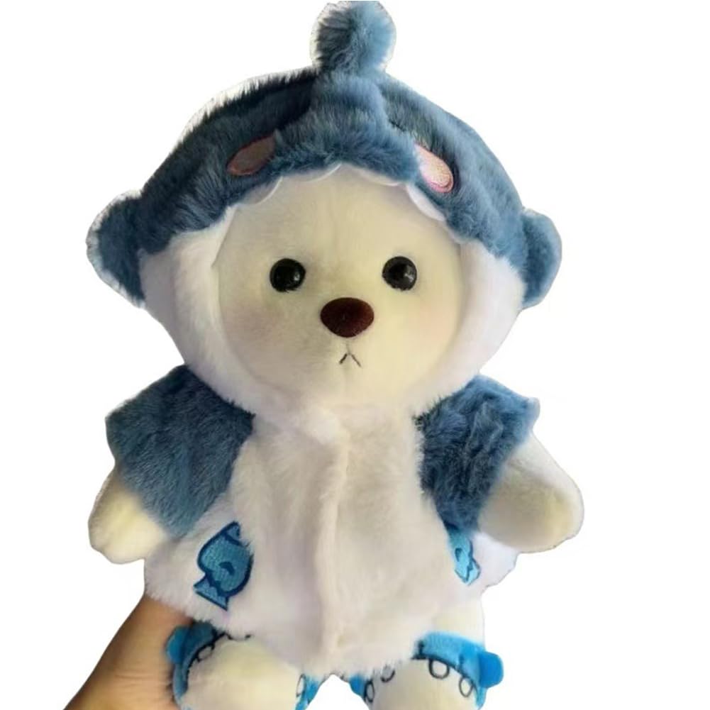 Teddy Bear 11.8 Inch with One Clothing,Cute Animal Shaggy Stuffed Bear Plush Toy Removable Hood,Shoe And Clothes Soft Toy Pajama Bear for Christmas Halloween Valentines Christmas White Shark Suit