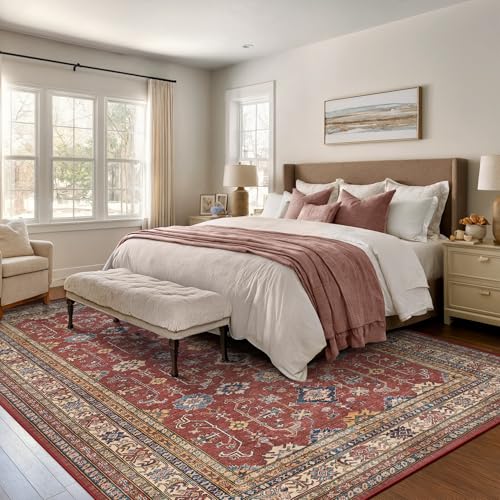 Rugland 8x10 Area Rugs - Stain Resistant Washable Rug, Anti Slip Backing Rugs for Living Room, Vintage Tribal Area Rugs (TPR10-Burgundy, 8'x10')