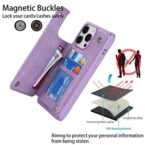 Image of Cavor for iPhone 14 Pro Case with Card Holder,iPhone 14 Pro Wallet Case for Women Men,Phone Case for iPhone 14 pro with Stand Credit Card Holder, Leather Strap Shockproof Cover- Purple