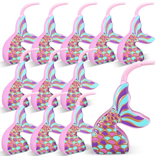 Tanlade Mermaid Cups with Straws 10 oz Plastic Mermaid Drink Cup Reusable Ocean Party Favors for Birthday Baby Shower Party Favors(12 Pcs)