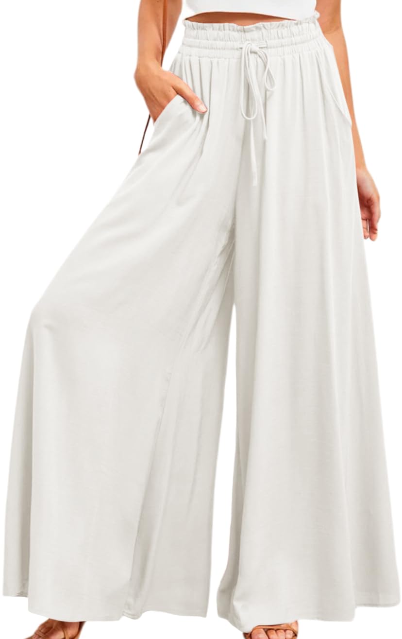 Muchpow Womens Wide Leg Drawstring Pants Elastic Waisted Casual Palazzo Trousers with Pockets