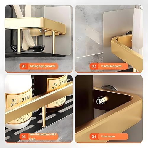 Perpetual Self - Adhesive Bathroom Shelf For Wall, Multipurpose Wall Mounted Bathroom and Kitchen Organiser Without Drill, Space Saving Stand For Bathroom And Kitchen Wall (Pack Of 2) Gold