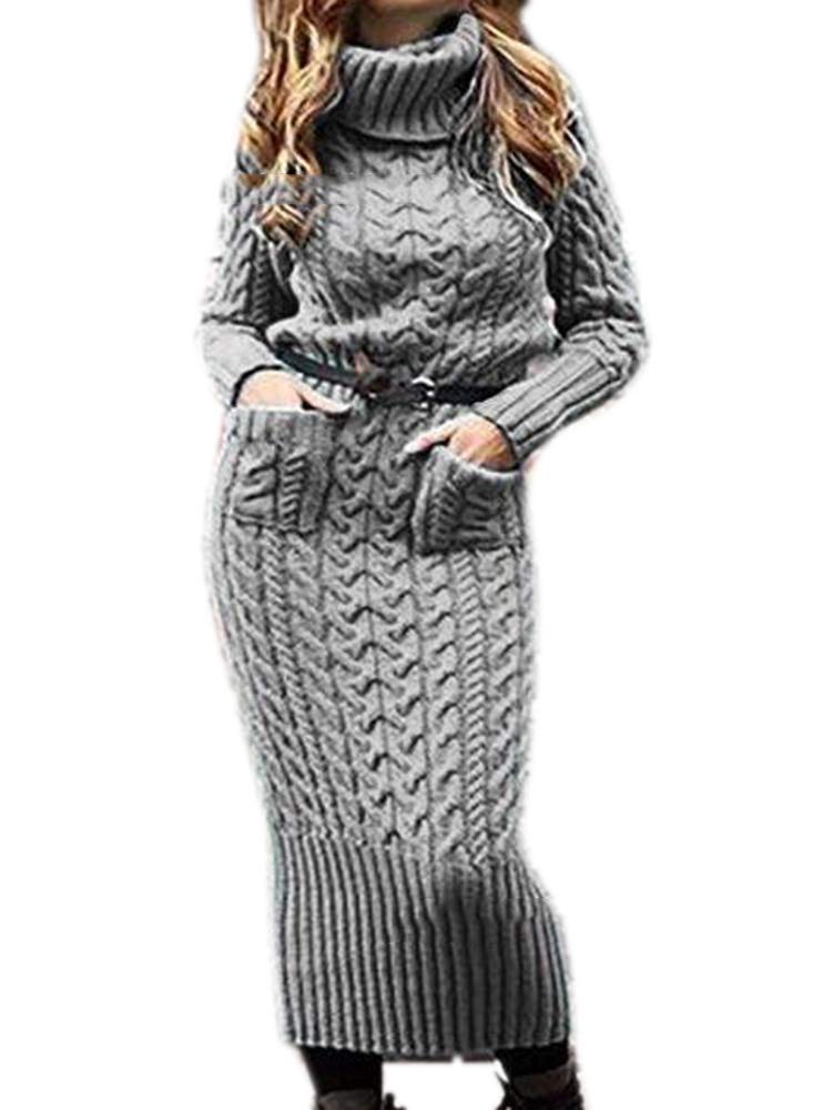 Hibasing Women's Winter Cashmere Jumper Dress Turtleneck Long Sleeve Long Warm Pullover Knitted Sweater Knitwear with Belts