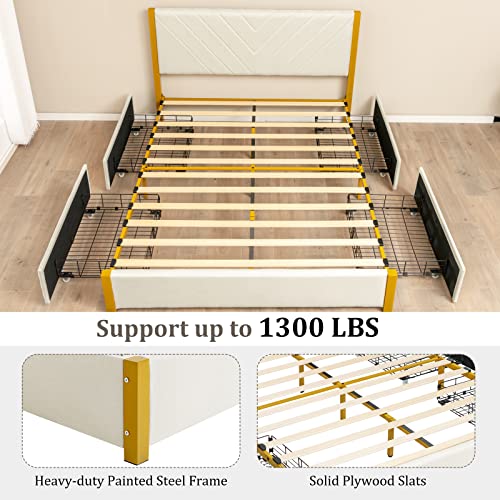 Giantex Full Size Upholstered Bed Frame, Wooden Slatted Bed With Adjustable Headboard & 4 Storage Drawers, Deluxe Platform Bed Frame With 1300 Lbs Weight Capacity, No Box Spring Needed, Gold&Beige #TOP6