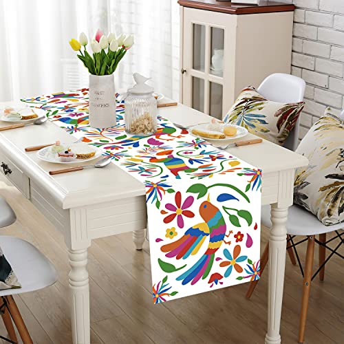 Nramoos Mexican Otomi Table Runner Colorful Birds Floral Waterwashable Polyester Fabrics Tablerunner Indoor Outdoor 13.7X75Inches #TOP3