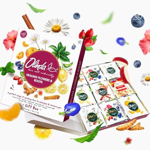 Olinda Healing Flowers & Roots Gift Box Natural Caffeine Free Tea Organic Herbal Tea Bags Healthy Beauty Tea Wellness Stress Relief Tea Sampler Gift Set Premium 9 Vareity Individually Wrapped 45 Tea Bags 1 Tea Gift Box for Women Cover