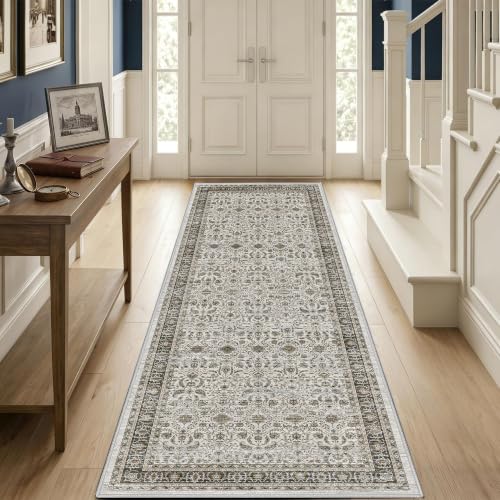 Ivory Gray Farmhouse Washable Runner Rug 2x6, Upgraded Non-Slip Area Rugs for Kitchen Hallway Bedroom, Vintage Distressed Floral Low Pile Floor Carpet for Laundry, Entryway Bathroom, Ivory Gray